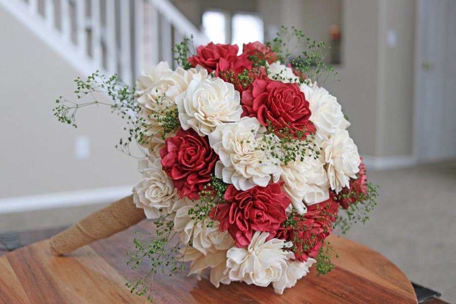 Wedding - Red and Cream Sola Wood Flower Dahlia Wedding Bouquet - Artificial Flowers, Custom, Gift, Bride, Bridesmaid, Perennial Posy