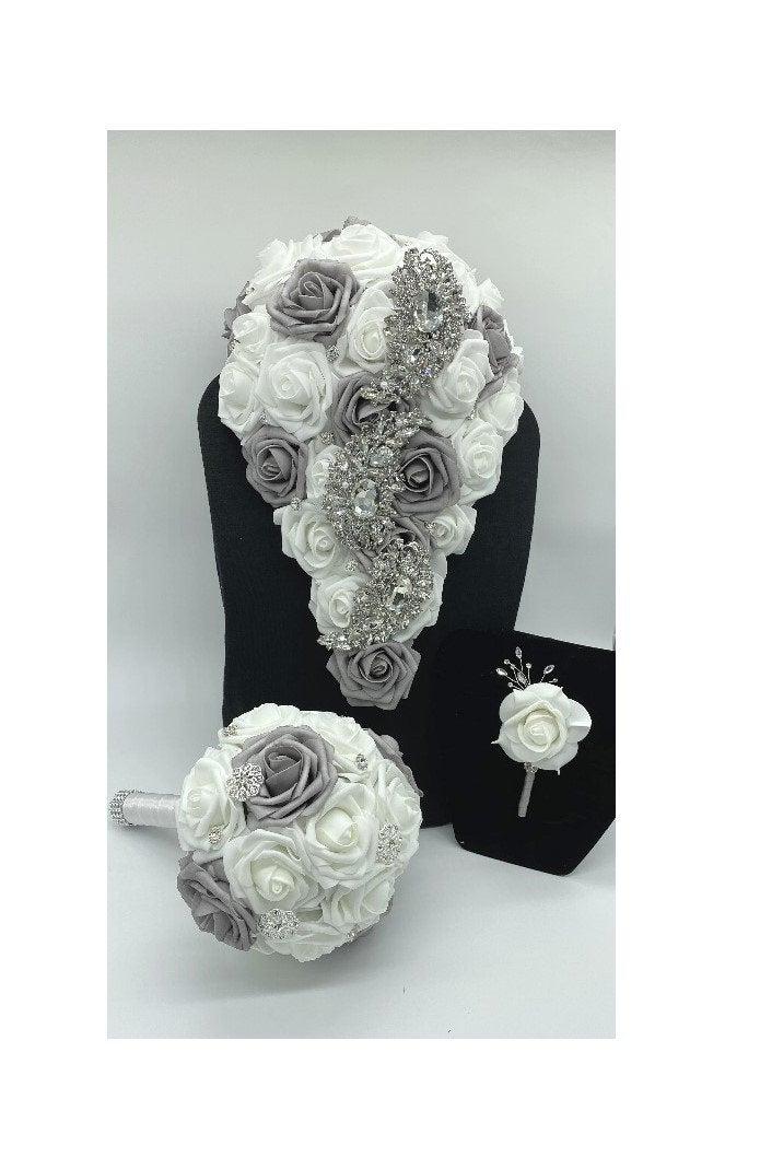 Свадьба - Cascading l Wedding Flowers l Real touch Roses l Brooch Bouquet l Bridal Bridesmaids Waterfall l Silver l Rose Gold Brooches l Quinceanera