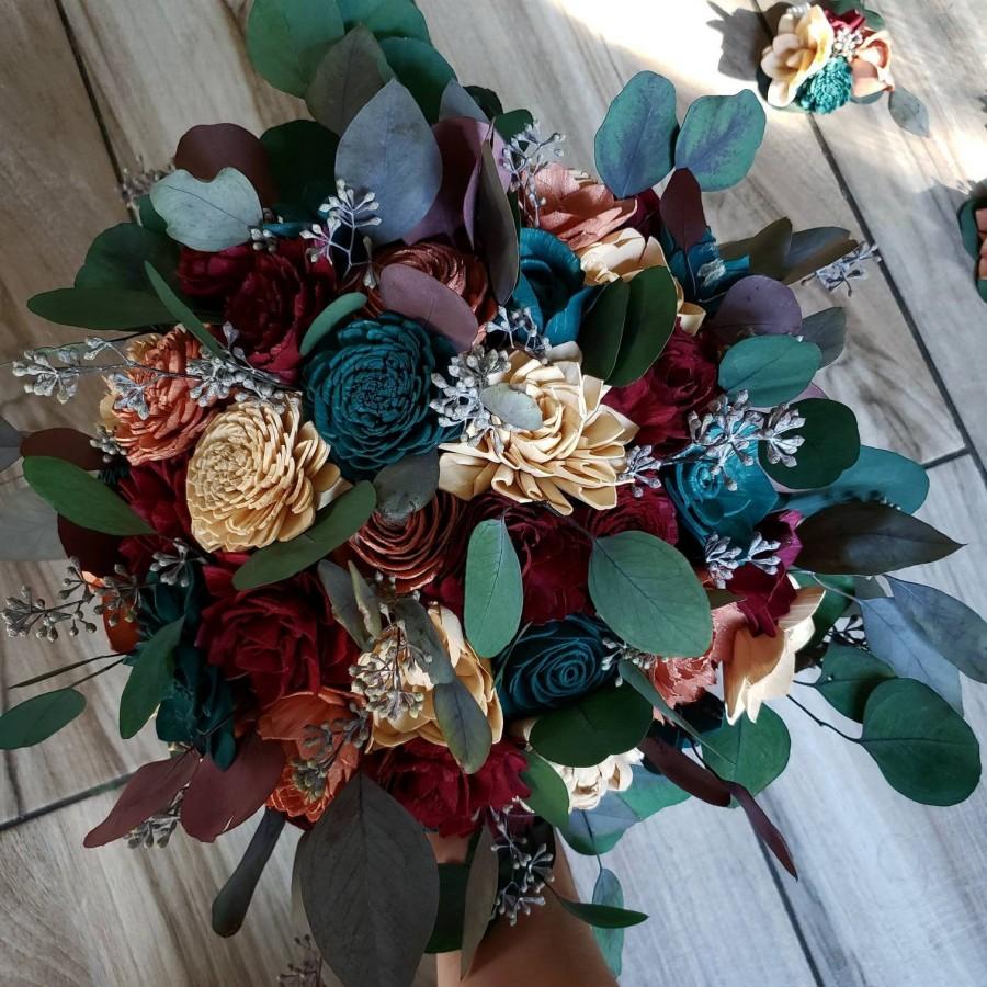 Hochzeit - Teal burgundy rose gold and champagne bouquet, sola wood flowers