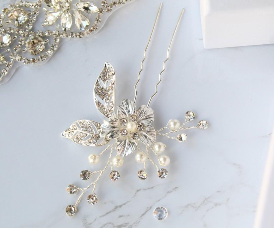Wedding - Brooke Silver Bridal Flower Hair Pins-Wedding Floral Hair Pins-Silver Bridesmaid Hair Accessories-Wedding Bridal Hair Jewelry-Flower HairPin