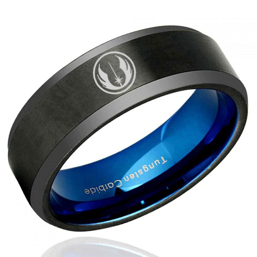 Hochzeit - 6mm 8mm Jedi Black Tungsten Ring, Bevel Blue Tungsten Wedding Band Mens, Star Wars Tungsten Engagement Ring, Personalized Free Engraving