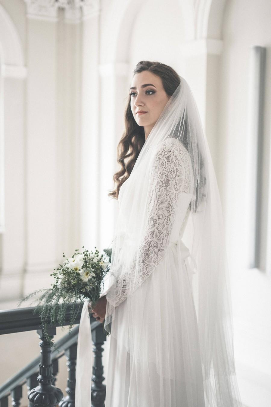 زفاف - Two tier bridal veil, Wedding veil with blusher, English net wedding veil, Custom color wedding veil - VIRGINIA
