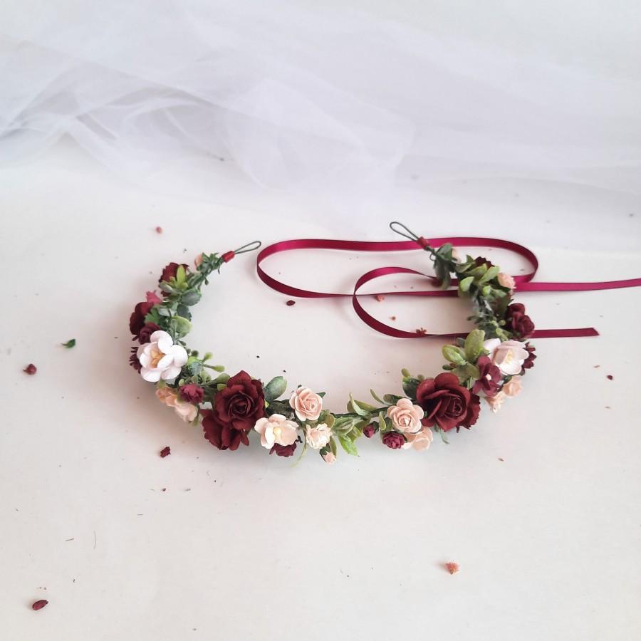 Mariage - Burgundy and blush flower crown, Flower crown wedding, Wedding crown dusty pink, Burgundy bridal wreath, Bridal flower crown