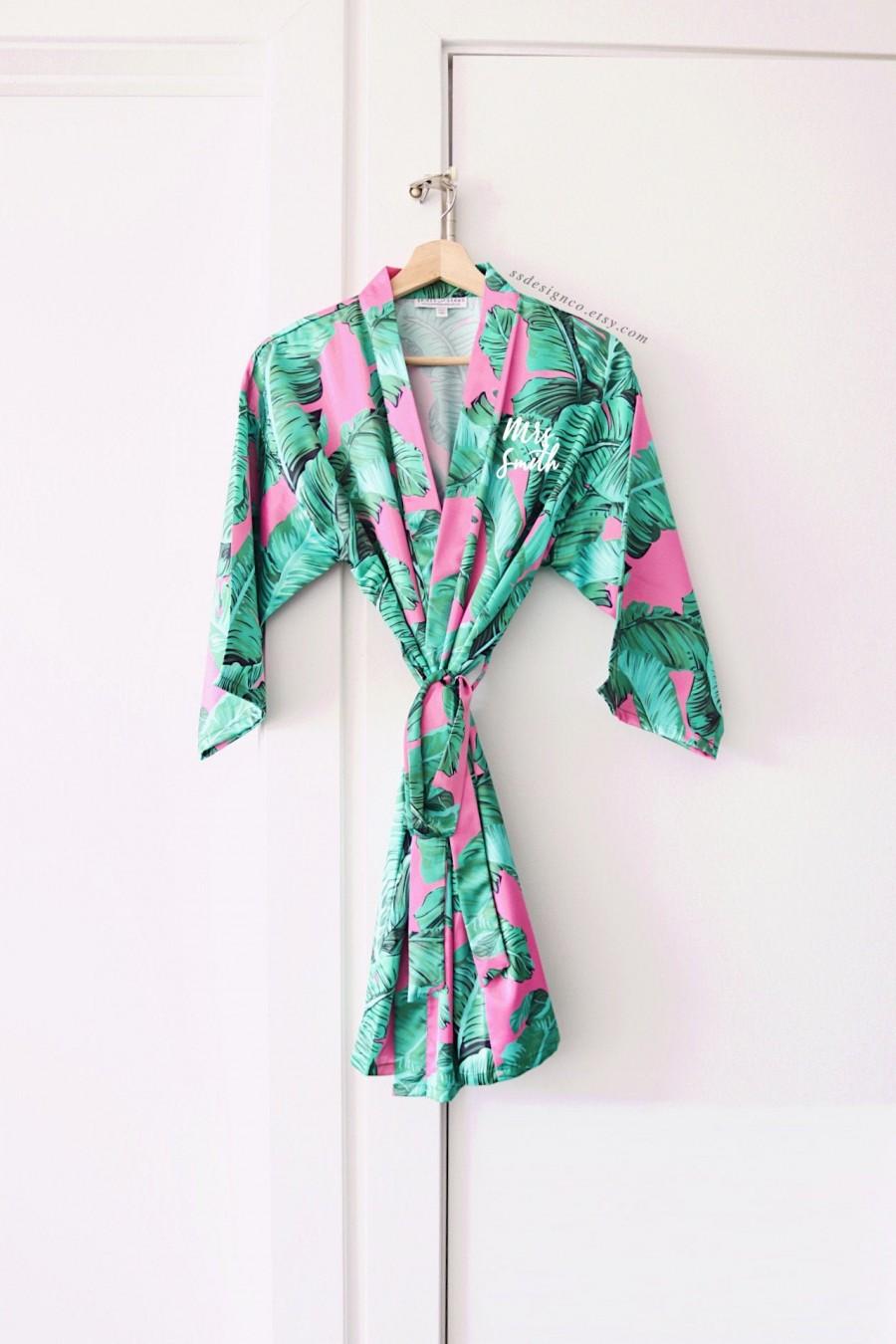 Hochzeit - pink palm leaf robe, monogram robe, bridesmaid, wedding robes, banana leaf robe, tropical hawaiian robe, custom satin robes, women's robe