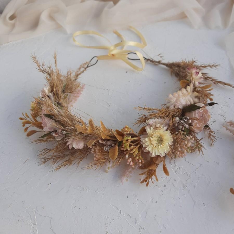 زفاف - Dried flower crown fall Beige blush pink brown flower girl crown Dried flower crown baby