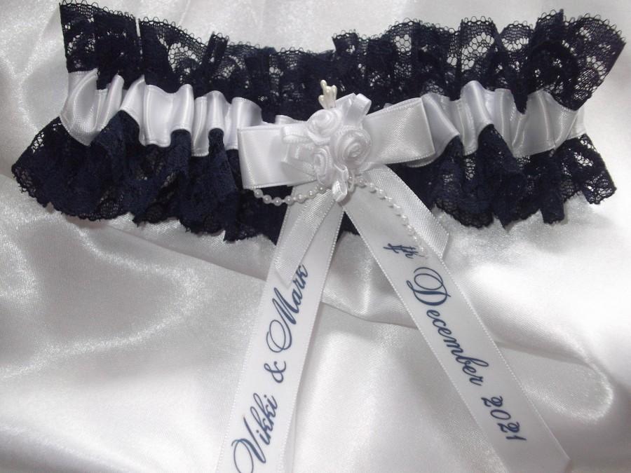 Свадьба - Personalised Navy Blue Lace And White Satin Wedding Garter Handmade to order with names and wedding date Nautical Wedding Made In The UK