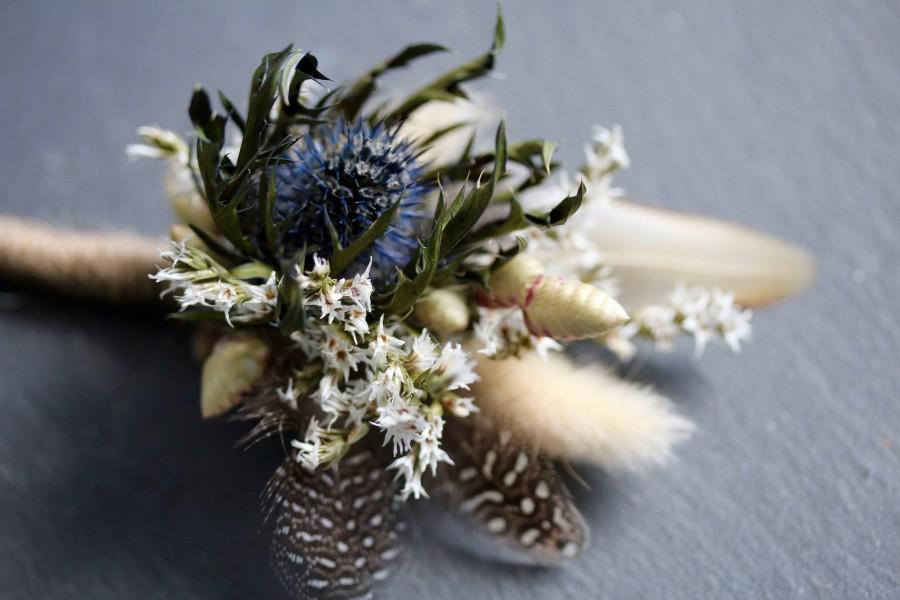 Wedding - Dried thistle buttonhole Rustic dried buttonhole boutonniere feather wedding groom thistle