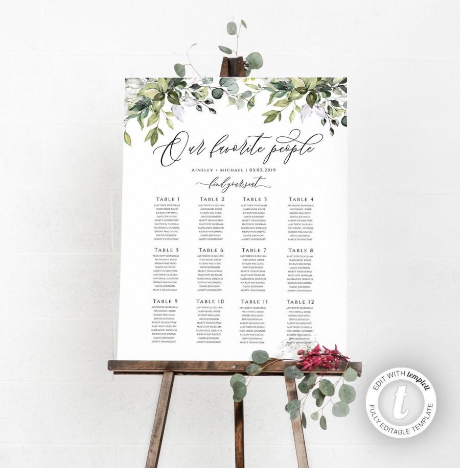 Mariage - Wedding Seating Chart Poster Template, Editable, Our Favorite People, Greenery, Rustic, Boho, Instant Download, Horizontal, Vertical, BD44