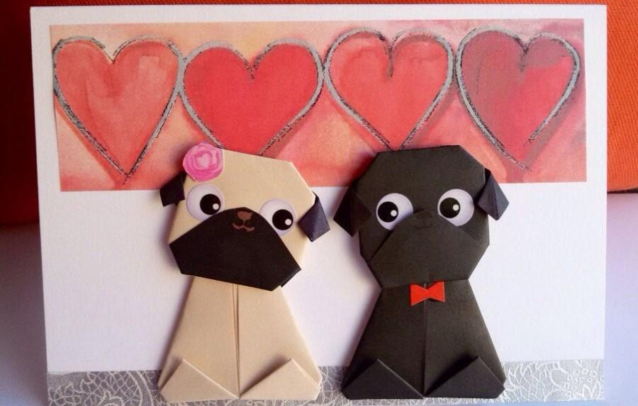 Hochzeit - Personalised Origami Pug dog Wedding Card, Personalised Pug Engagement card, Handmade Funny Anniversary Card, For Boyfriend, Girlfriend