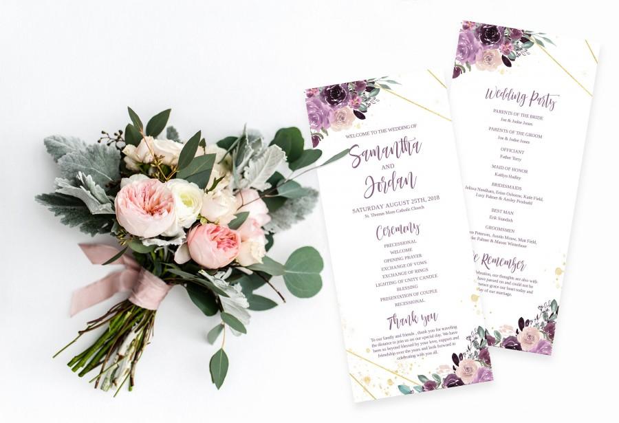 Wedding - Wedding Program Template INSTANT DOWNLOAD Dusty Purple Blush Floral Wedding Order of Service Program Editable PDF Printable Templett #012
