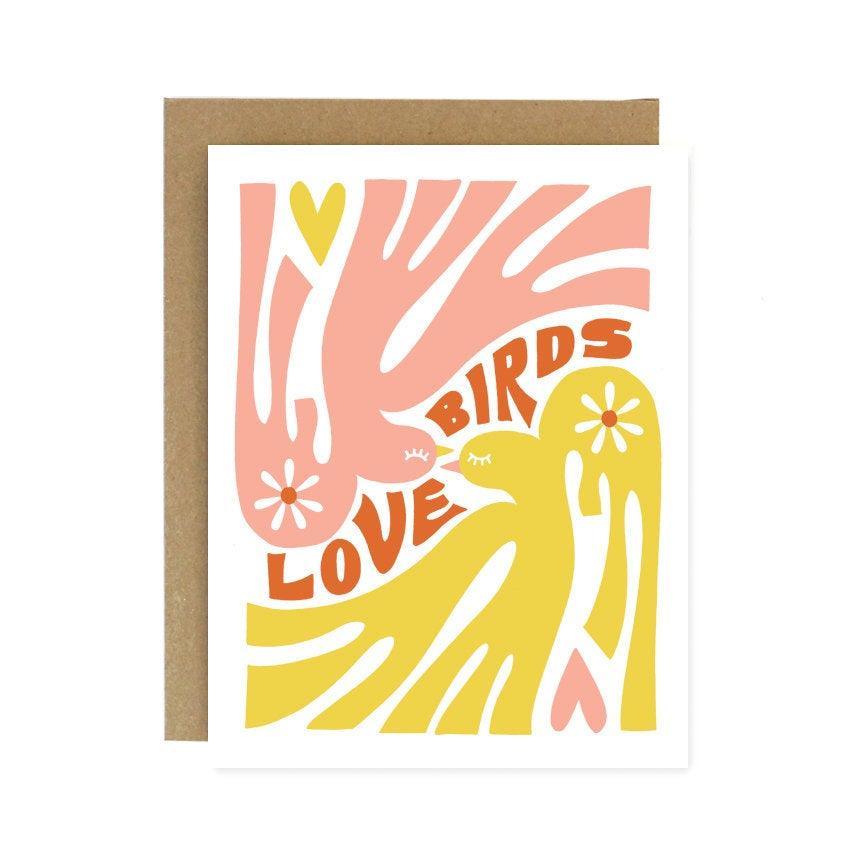 Hochzeit - Love Birds 70s inspired wedding, engagement, anniversary card - Screen Printed Folding Celebration and Congrats Card