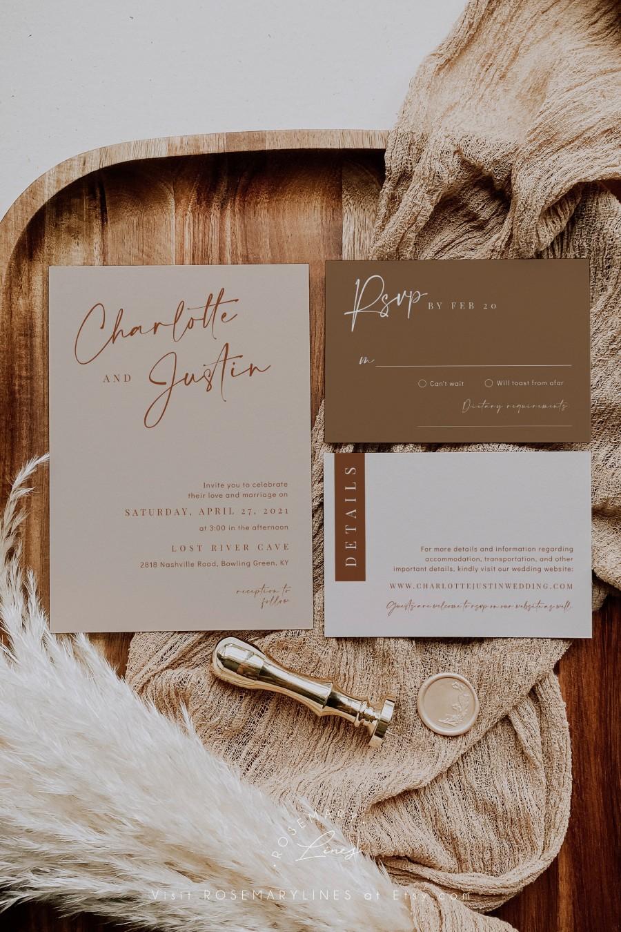 Hochzeit - Desert wedding invitation template, boho wedding invitations, minimal earthy bohemian wedding invite set, beige terracotta earth tones #134