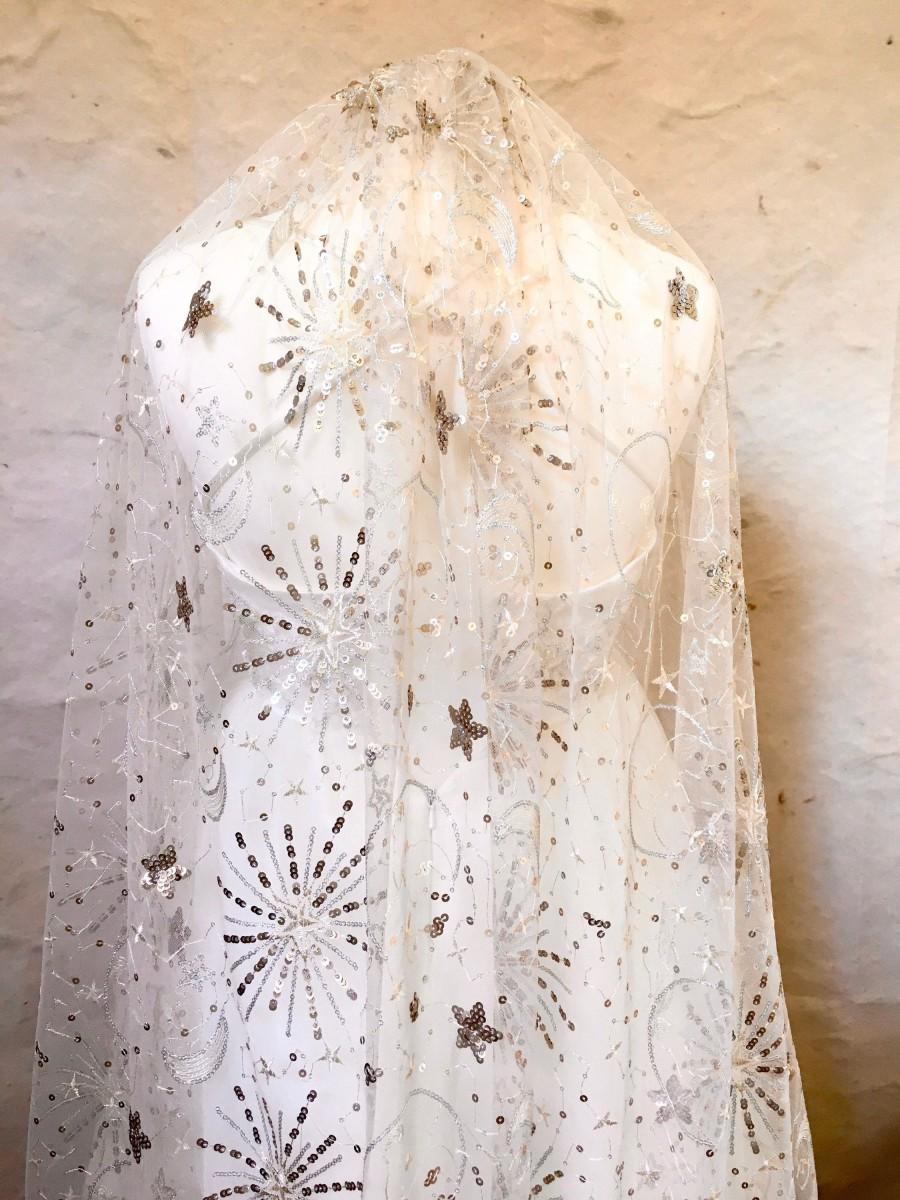 Hochzeit - AURORA - Moon and star constellation gold sequin embroidered wedding veil. Handmade to order. Galaxy celesial veil