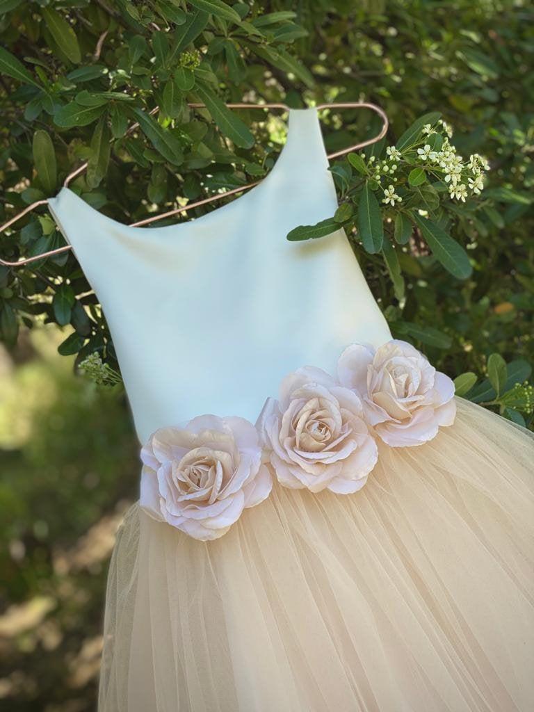 Wedding - Dainty satin and tulle flower girl dress with pin on flowers