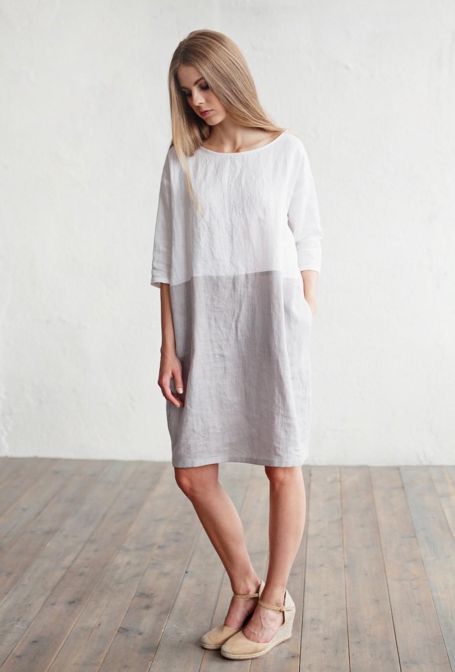 زفاف - Linen dress ADRIA. Colour block in white and gray dress for women. Loose-fit linen, plus size dress. Linen womans clothing.