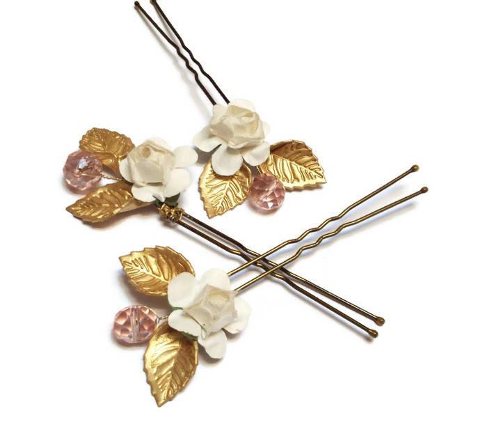 زفاف - Set of 3 flower, leaf and crystal bridal hair pins, Wedding hair piece