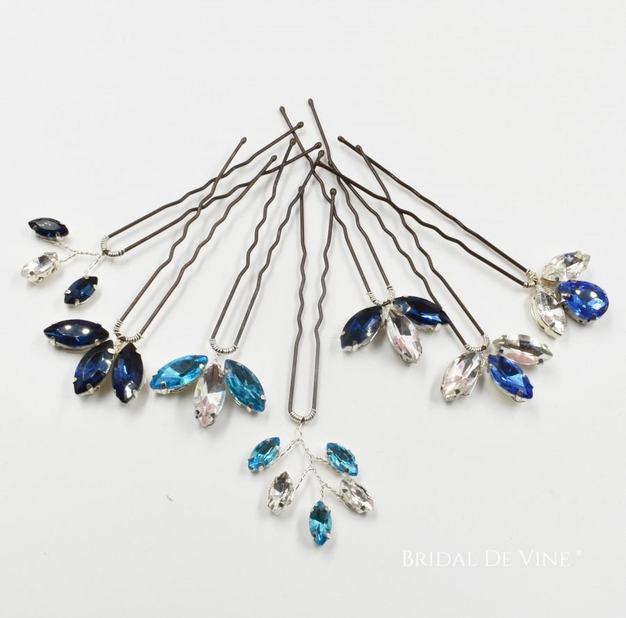 Hochzeit - Navy, Sapphire Blue, Turquoise  Sparkly Rhinestone Bridal Hair Pins, Bridesmaids Hair Accessories