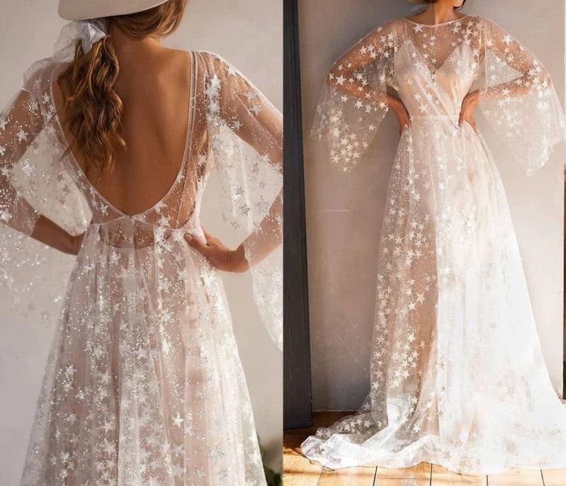 Hochzeit - Boho Wedding Dress-Lace Stars Bridal Dress-Bohemian Wedding Dress-Lace Bridal Gown-Long Sleeves Vintage Wedding Dresses-Tulle Wedding Dress