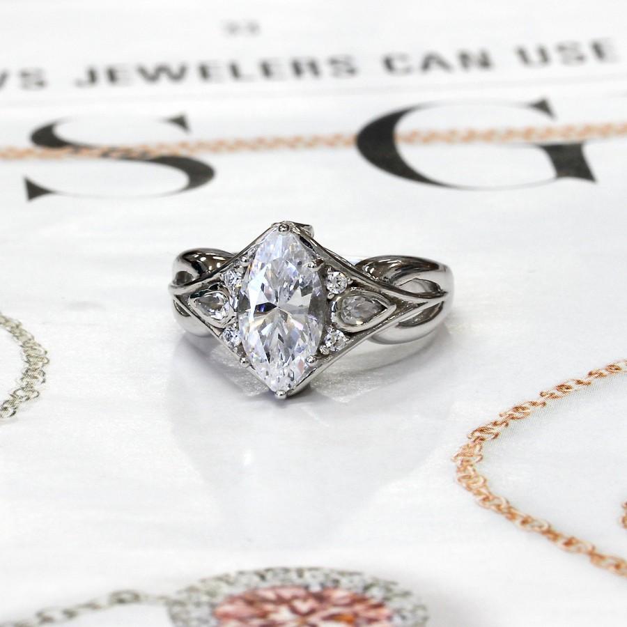 Hochzeit - Simulated Diamond Edwardian Engagement Ring, Sterling Silver Wedding Ring, 2 Carat Marquise CZ Stone Teardrop Bezel Band Vintage Ring Women