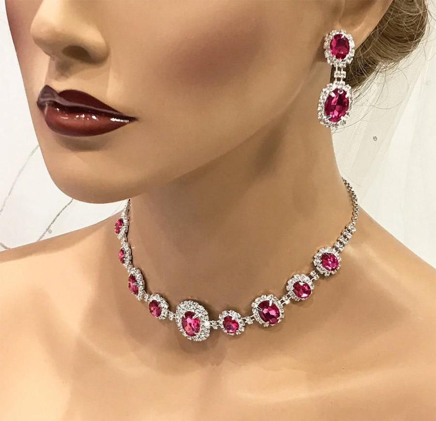 زفاف - Bridal Jewelry Fuchsia Pink Crystal Rhinestone Choker Necklace Earrings Set, Vintage Inspired Jewelry Set, Bridal Statement Necklace Set