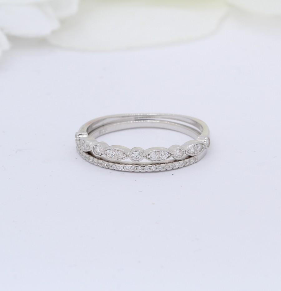 زفاف - Two Piece Stacking Eternity Marquise Round Simulated Diamond CZ Wedding Band Ring Art Deco Design 925 Sterling Silver Choose Color
