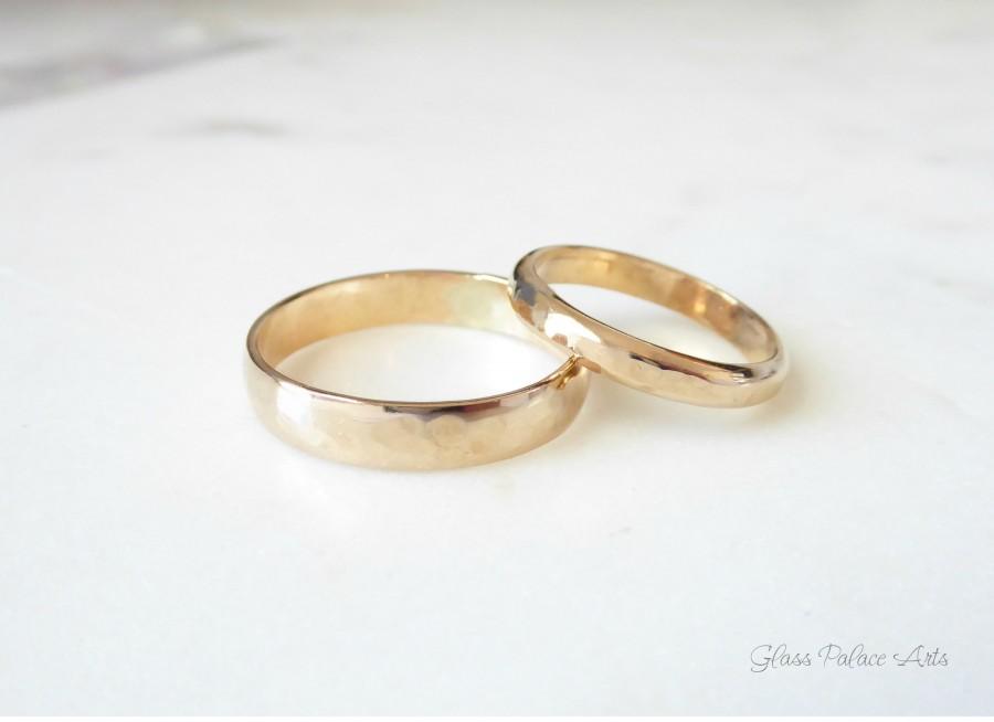 زفاف - Wedding Bands His and Hers, Matching Wedding Rings 14k Gold Fill, Rustic Hammered Couples Engagement Rings Unixex, 4.5mm & 3.5mm
