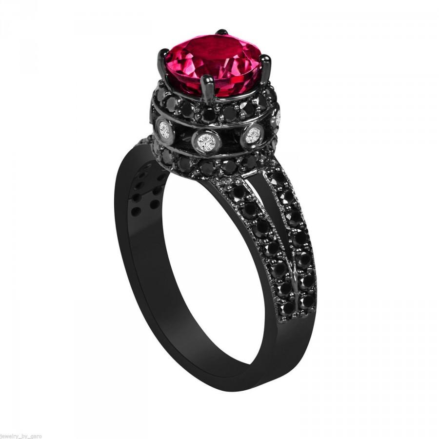 Wedding - Garnet Engagement Ring, Garnet and Black Diamond Engagement Ring, Vintage Style 14K Black Gold 1.94 Carat Certified Handmade Unique