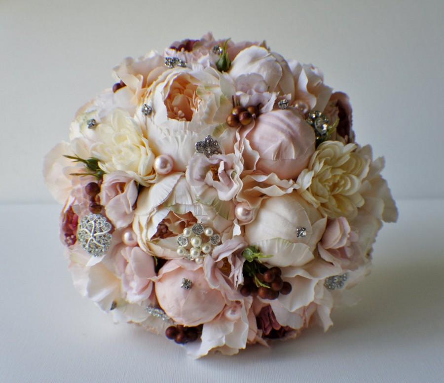 Wedding - Peony Bridal Bouquet, Silk Wedding Flowers, Brooch Bouquet, Champagne Wedding Flowers, Vintage Wedding, Shabby Chic Wedding Bride Bridesmade