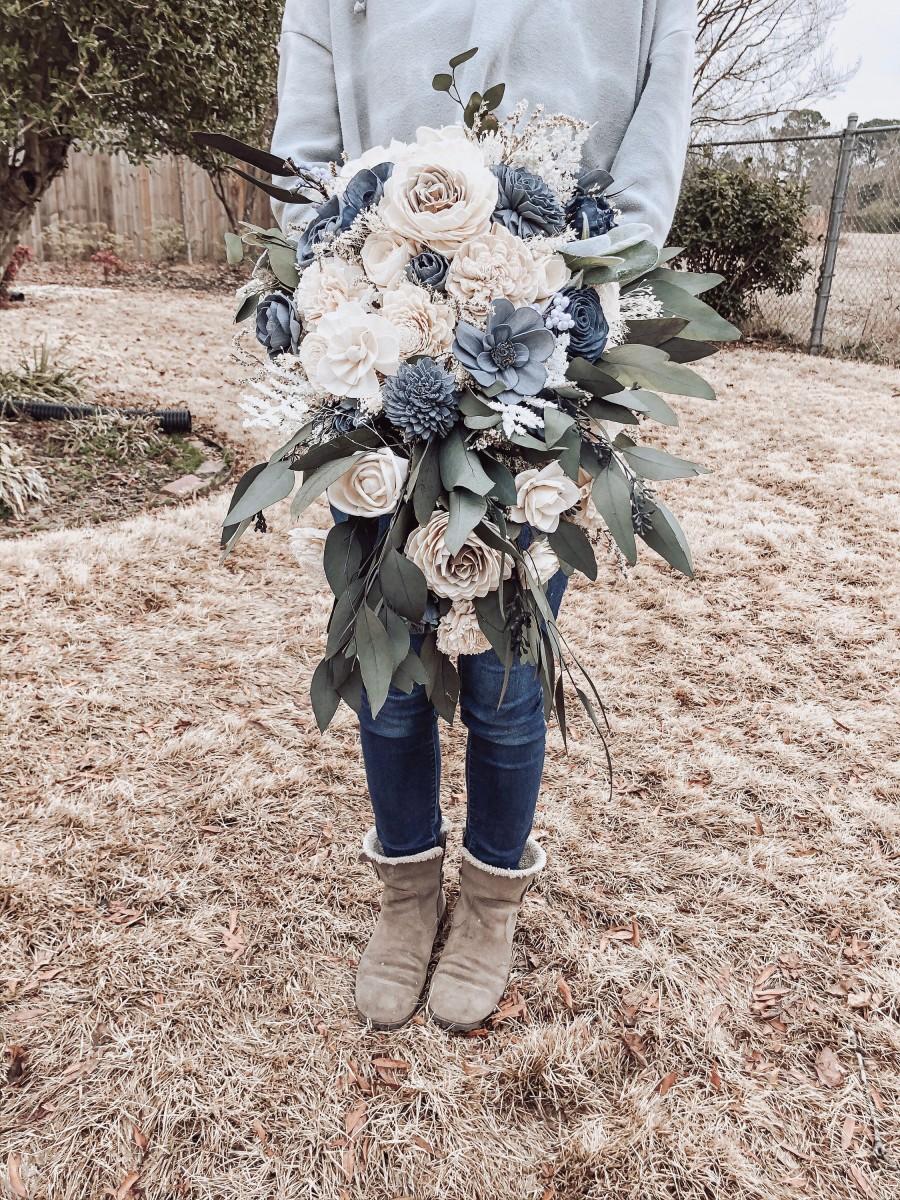 زفاف - BRITTNEY’S COLLECTION ~ Bridal Sola Wood Bouquet ~ Sola Wood Flowers ~ Eucalyptus ~ Steel Blue ~ Ivory ~ Navy ~ Preserved Forever Flower