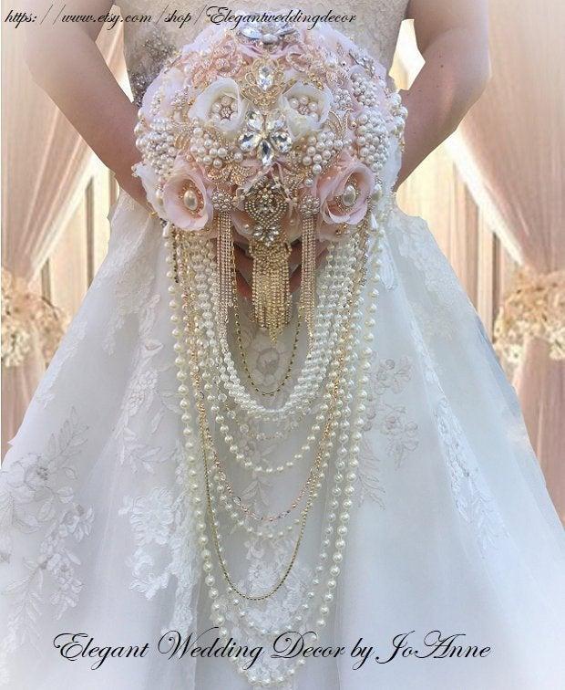 زفاف - Custom BROOCH BOUQUET, Cascade Style Jeweled Wedding Bouquet, Bridal Brooch Bouquet, Handmade Silk Wedding Bouquet, can customize