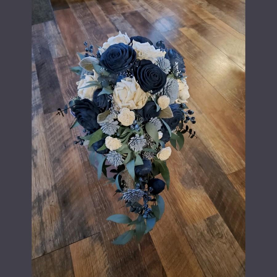 زفاف - Navy Dusty Blue & Cream Cascade Sola Wood Cascade Bridal Bouquet, Lamb's Ear Eucalyptus Bouquet, Artificial Bouquet, Wedding Bouquet Flowers