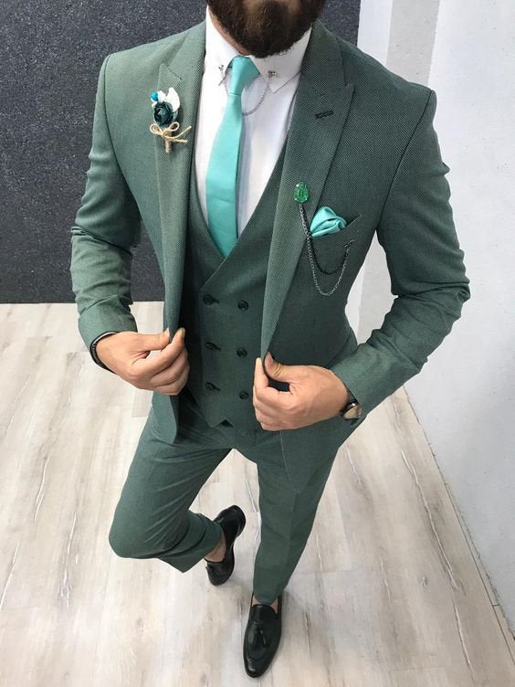 Wedding - Men Suits Elegant Designer 3 Piece Suit, Green Wedding Groom Wear One Button Slim Fit Coat Pant Suit