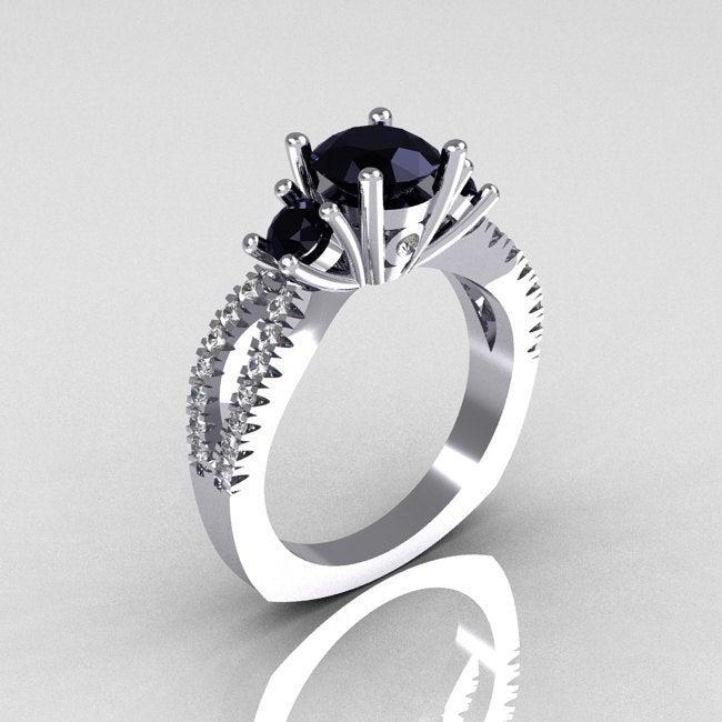 Mariage - Modern French Bridal 14K White Gold Three Stone 1.0 Carat Black Diamond Accent White Diamond Engagement Ring R140-14WGDBD