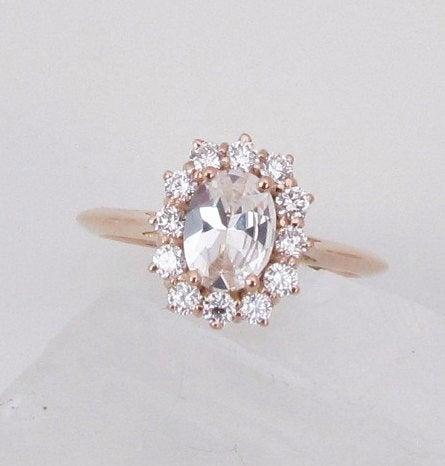 زفاف - White Sapphire Rose Gold Diamond Cluster Ring with 1ct Center Stone