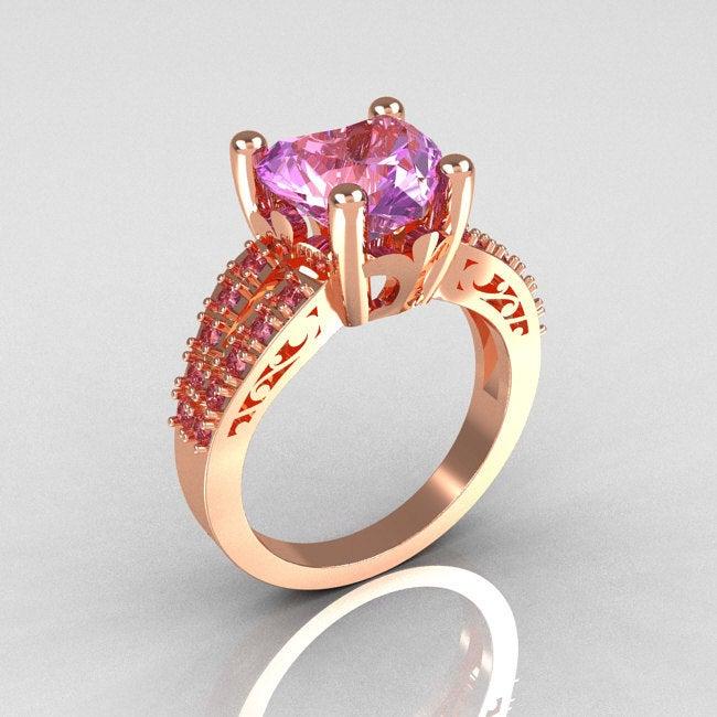 Wedding - Modern French Bridal 14K Pink Gold 3.0 Carat Heart Lilac Amethyst Solitaire Engagement Ring R134-14KPLAM