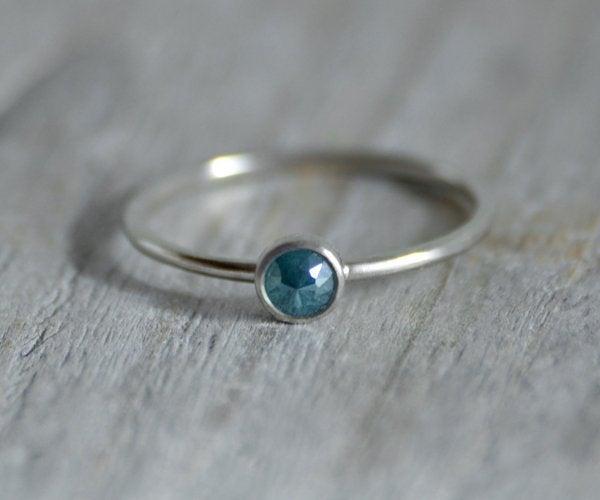 Wedding - Blue Diamond Engagement Ring, Rose Cut Diamond Solitaire, Small Diamond Ring, 0.20ct Diamond Wedding Gift