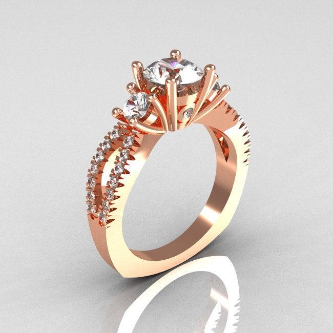 Hochzeit - Modern French Bridal 18K Rose Gold Three Stone 1.0 Carat Zircon Accent Diamond Engagement Ring R140-18RGDZ