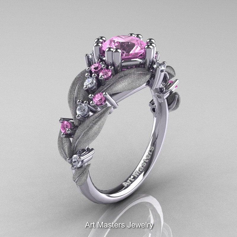 Hochzeit - Nature Classic 14K White Gold 1.0 Ct Light Pink Sapphire Diamond Leaf and Vine Engagement Ring R340S-14KWGDLPS