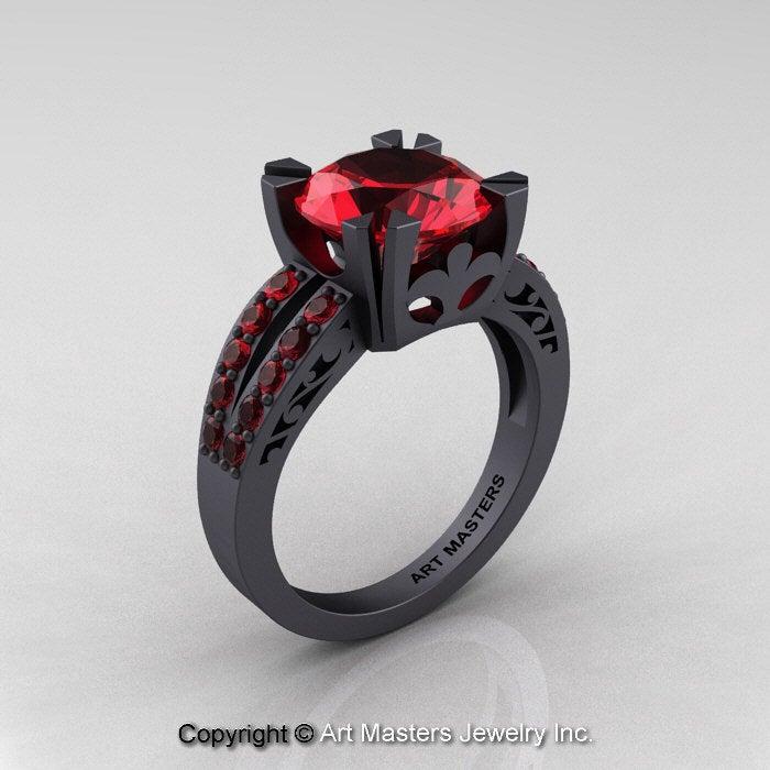 Mariage - French Vintage 14K Matte Black Gold 3.0 Ct Ruby Solitaire Engagement Ring R102-14KMBGR
