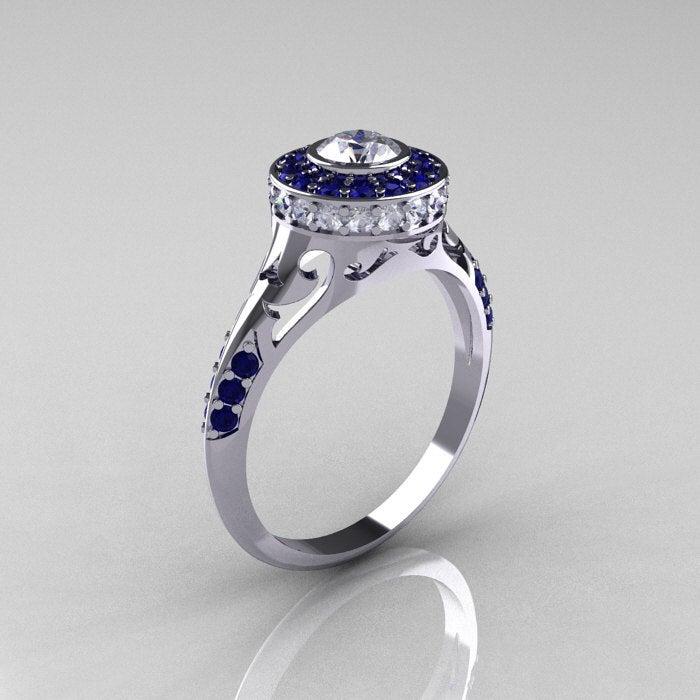 زفاف - Modern Antique 10K White Gold Blue and White Sapphire Wedding Ring, Engagement Ring R191-10KWGBSWS