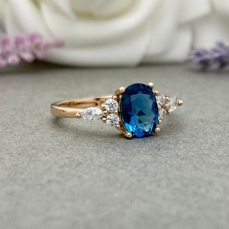 Hochzeit - Rose Gold Art Deco Oval Natural London Blue Topaz Ring Round And Marquise Simulated Diamond Sterling Silver Engagement Wedding Promise Ring