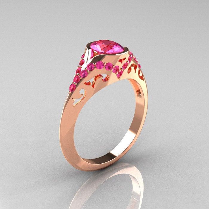 زفاف - Classic 14K Rose Gold Oval Pink Sapphire Wedding Ring, Engagement Ring R194-14KRGNPS
