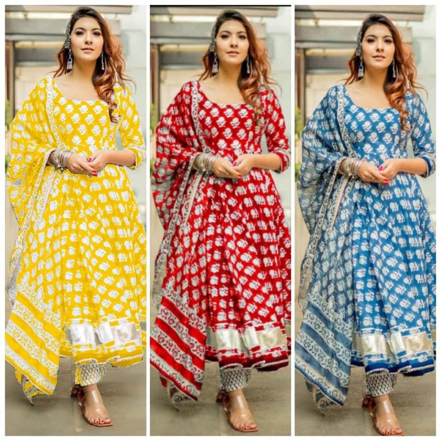 Hochzeit - Indian Bollywood Designer Handblock Indigo Kurta Pant With Dupatta Set With Gota Detailing Gold Printed.Free Express Shipping In USA/UK.