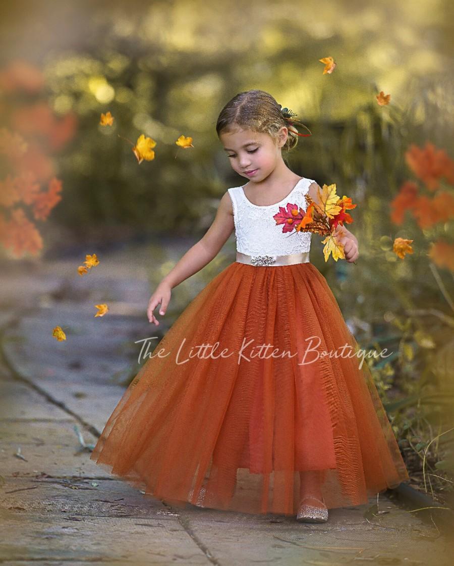 زفاف - Burnt Orange Flower Girl Dress, Rust Flower Girl Dress, Rustic lace flower girl dress, Boho Flower Girl Dress, Toddler dress, Girls Dress