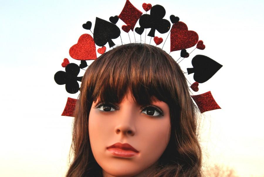 Wedding - Queen of hearts crown costume Red black burlesque sparkly headpiece Card suit headband woman Gothic halo crown
