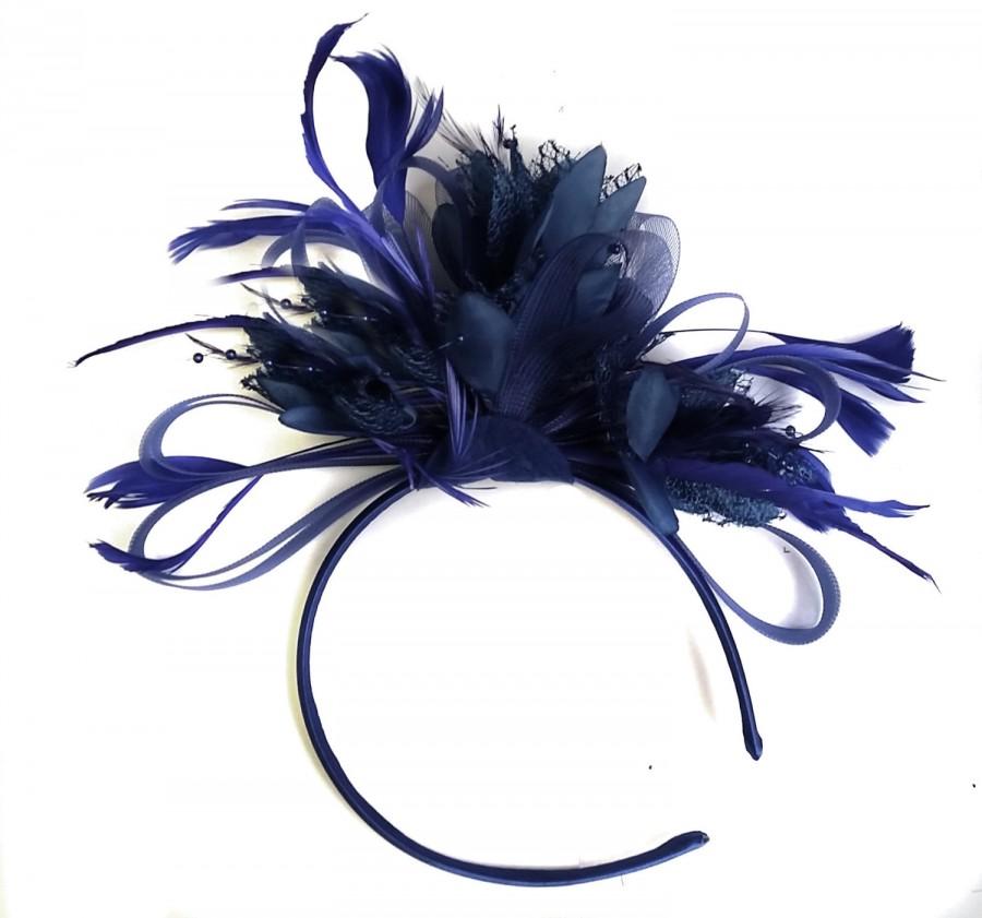 زفاف - Caprilite Navy Blue Fascinator on Headband AliceBand UK Wedding Ascot Races Loop