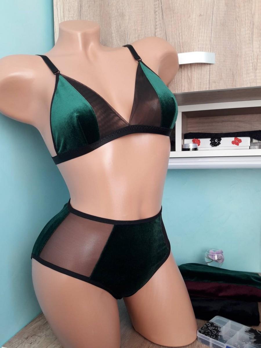 زفاف - Sexy retro velvet lingerie, green emerald bralette, Christmas red vintage set, high waist panties, erotic gift for woman, sheer underwear