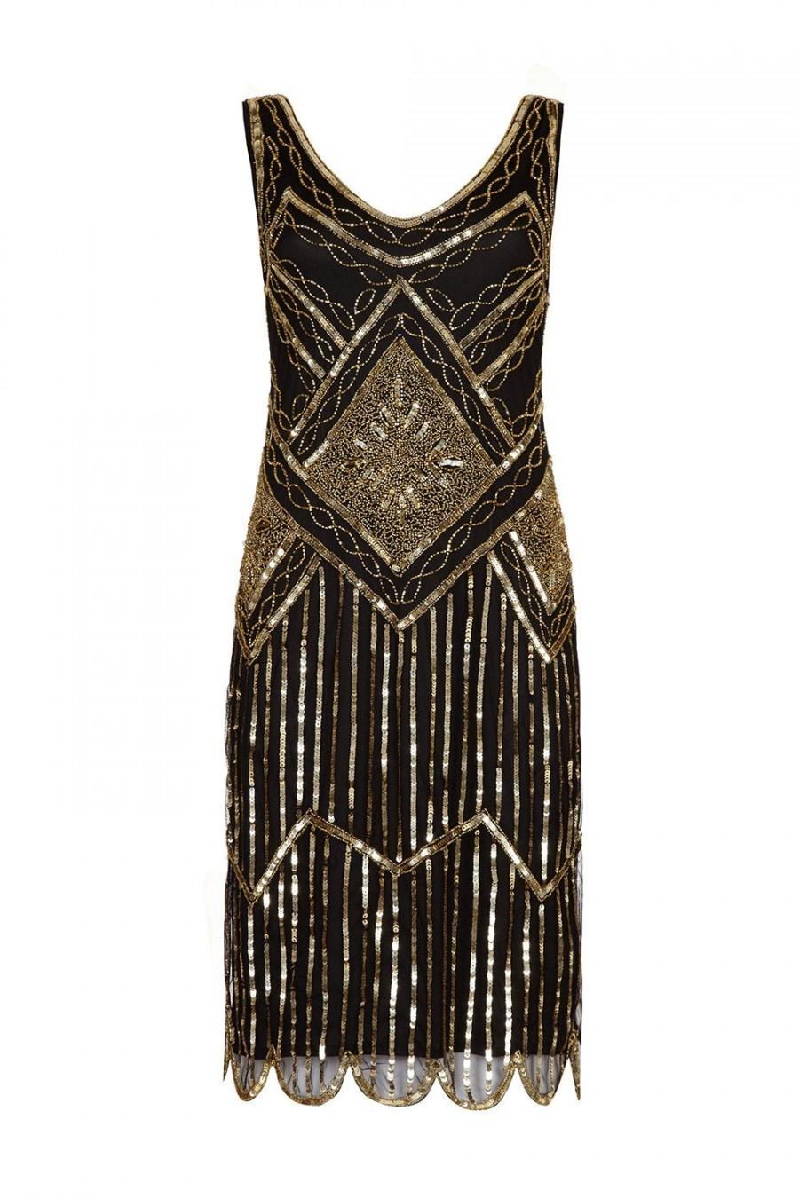 Mariage - PETITE Length UK20 US16 AUS20 Black Gold Vintage inspired 1920s Flapper Great Gatsby Charleston Sequin Downton Abbey Wedding Dress Hand Made