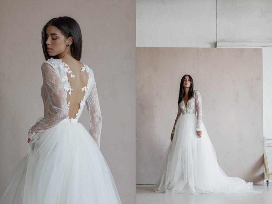 Hochzeit - Lace & tulle wedding dress with long sleeves, deep v, open back, handmade appliqué/ Ethereal wedding dress/ Romantic bridal gown/ Ball Gown
