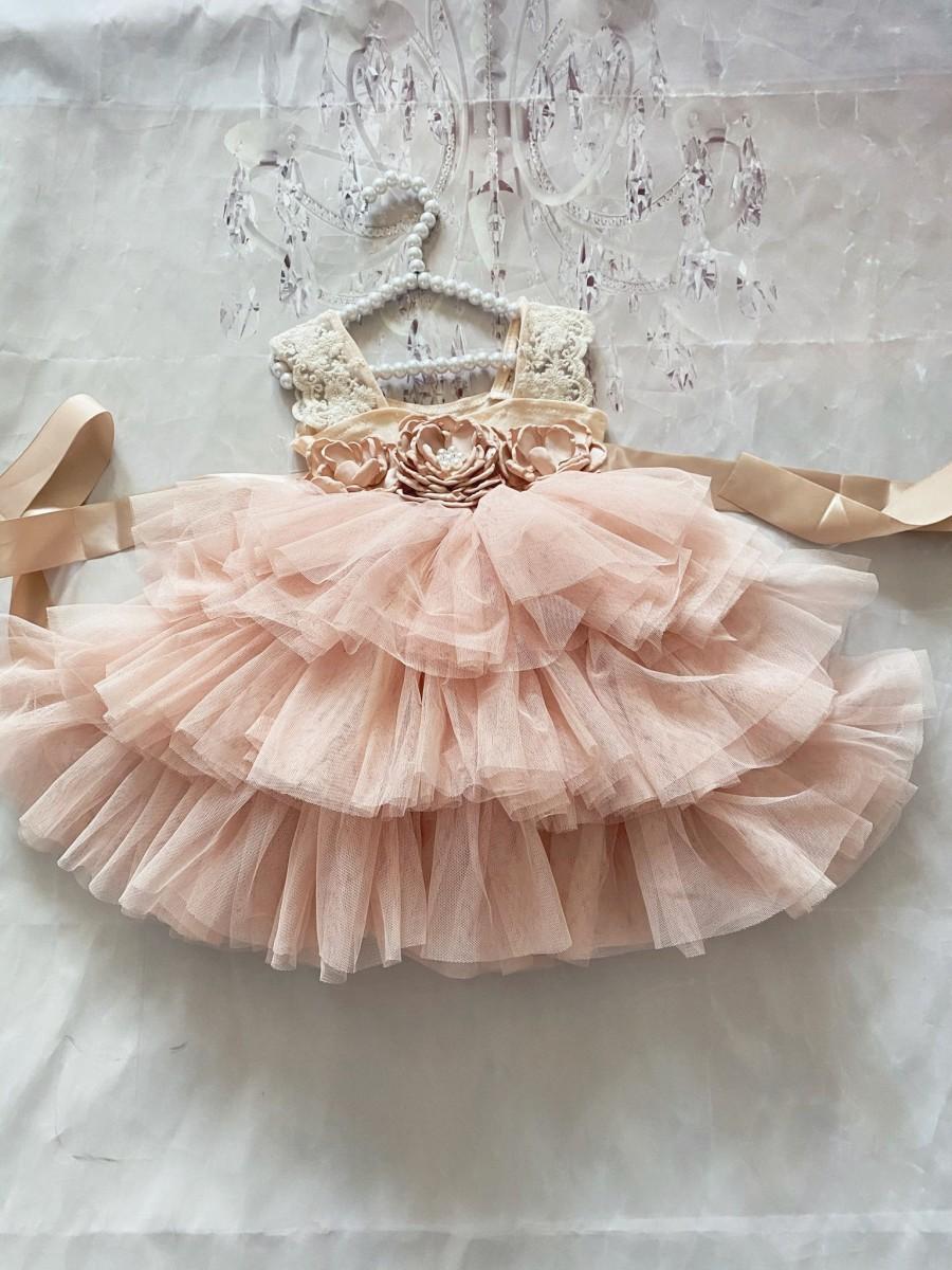 Hochzeit - Champagne  flower  girl dress, 1ers birthday dress, Lace top,Baby  toddler dress,tulle tutu flower girl dress, holiday dress